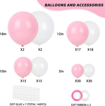 RUBFAC Latex Balloon Garland Kit - 129-Piece White & Pink Balloons for Baby Showers & Parties | 5-12 Inch Sizes