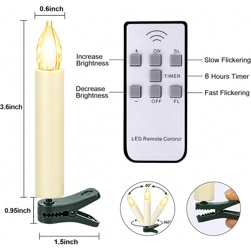 10 Pcs Clip-On Christmas Tree Candles with Remote & Timer - Diamond Flicker LED