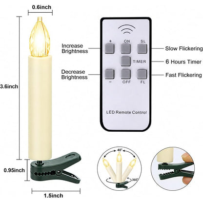 10 Pcs Clip-On Christmas Tree Candles with Remote & Timer - Diamond Flicker LED