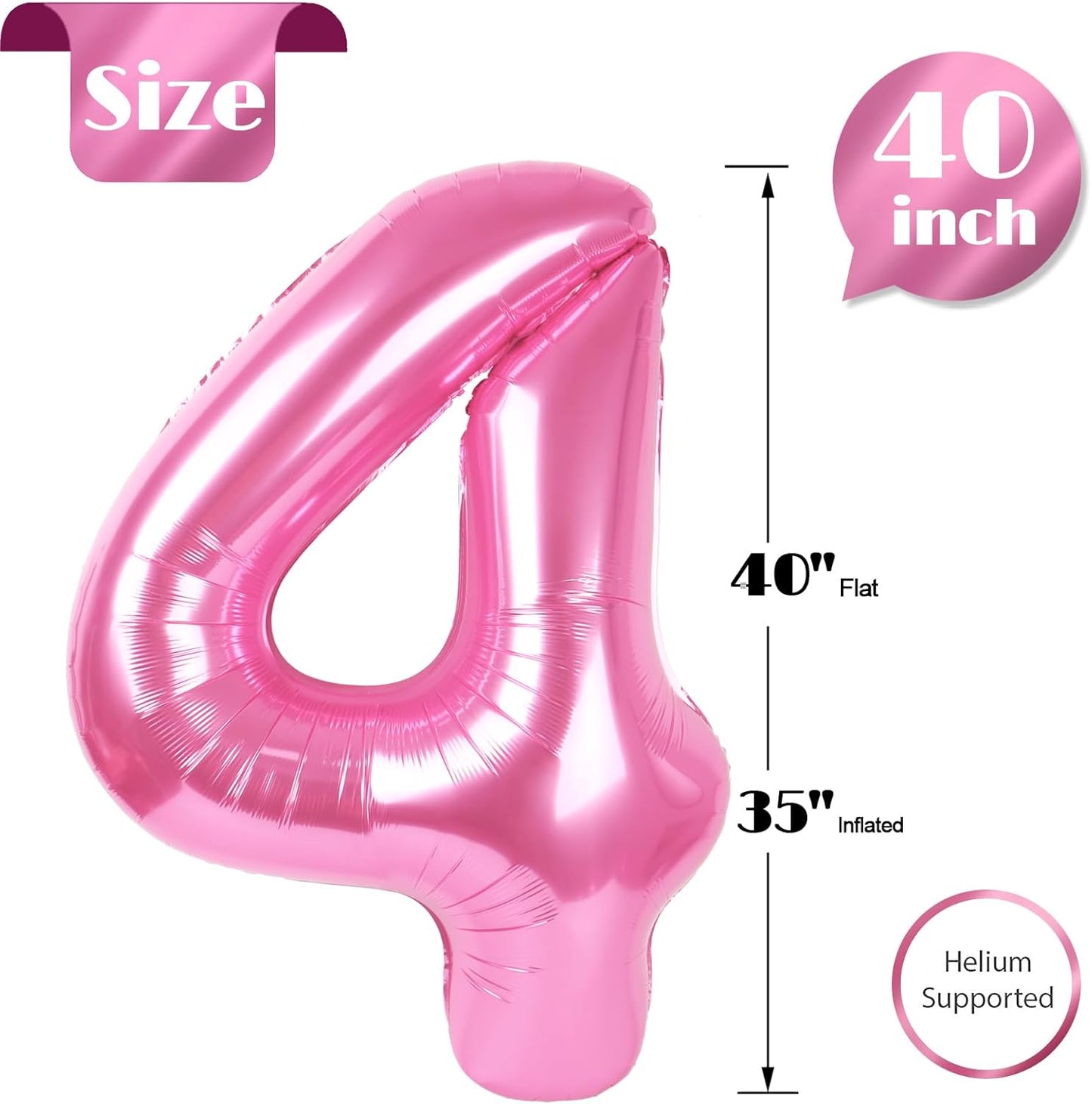 Regine Switzerland Number 4 Balloon - 40 Inch Pink Birthday Decoration for Girls' 4th Party