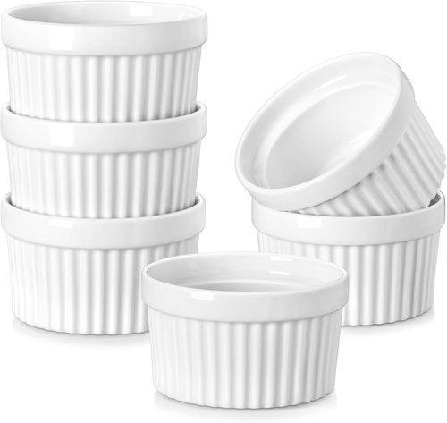 MALACASA Ramekins - 6 oz Oven Safe Porcelain Creme Brulee & Pudding Cups | Set of 6 White Baking Dishes
