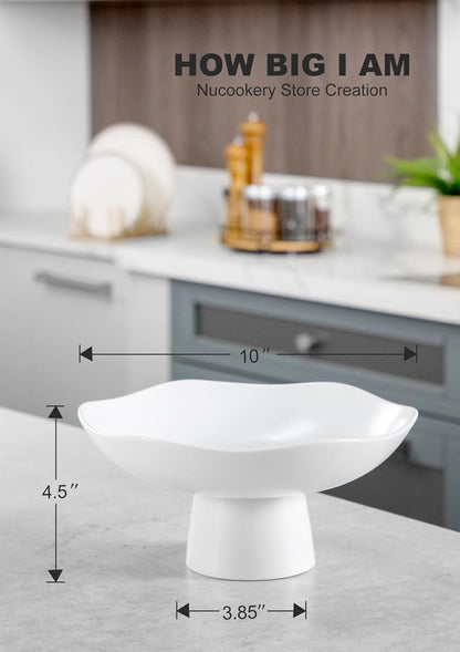 Nucookery Ceramic Fruit Bowl - Modern 10-Inch Decorative Kitchen Counter Stand | Matte White Design