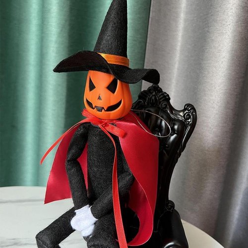 Danoni Halloween Pumpkin Elf Doll - Handmade Pumpkin Toy with Black Hat & Cape for Autumn Decor (Red)