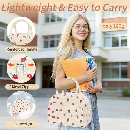 Coobiiya Corduroy Lunch Bag - Insulated Strawberry Tote for Work, Travel & Picnics - Large Capacity