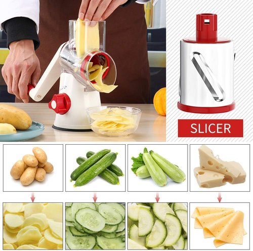 Cambom Rotary Cheese Grater - Hand Crank Shredder for Fresh Cheese, Veggies & Nuts | Red & White with Non-Slip Base