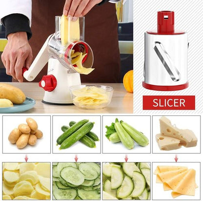 Cambom Rotary Cheese Grater - Hand Crank Shredder for Fresh Cheese, Veggies & Nuts | Red & White with Non-Slip Base