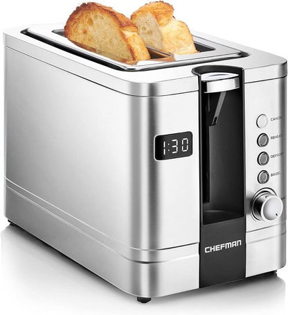 Chefman 2-Slice Digital Toaster - Stainless Steel with Extra-Wide Slots for Bagels & Defrost Function