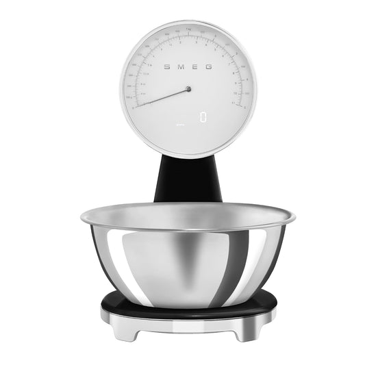 SMEG Retro-Style Kitchen Scale - 11 lb Capacity, Rechargeable Battery, Backlit LCD Display | Black Stainless Steel Bowl