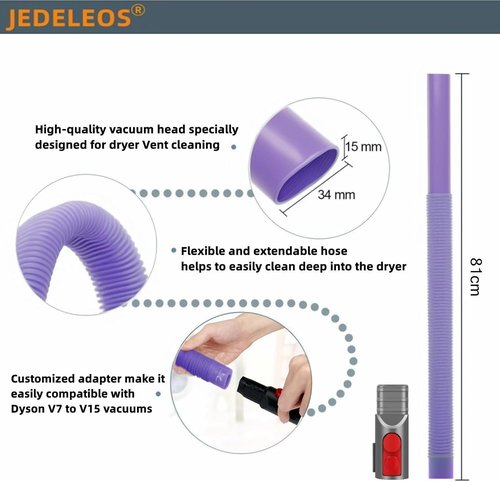 JEDELEOS Dryer Vent Lint Hose - Flexible Lint Removal Tool for Dyson V15, V12, V11, V10, V8, V7 | Purple