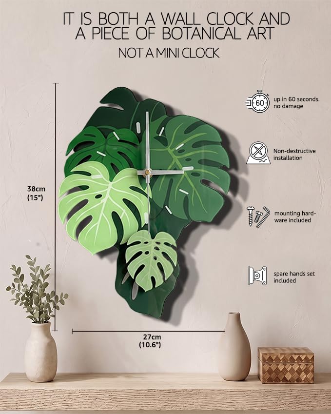Leaf Wall Clock 15 Inch - Botanical Silent Pendulum, Non-Ticking, Green Variation