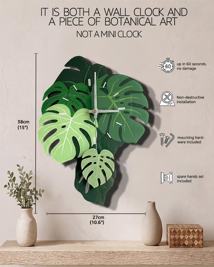 Leaf Wall Clock 15 Inch - Botanical Silent Pendulum, Non-Ticking, Green Variation