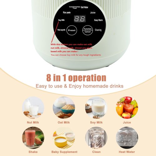 8-in-1 Automatic Soy Nut Milk Maker,40oz Soy Milk Maker for Homemade Almond,Oat,Soy Milk,Rice Paste,Complementary Food,Juice,Milk Maker Machine with Delay Start/Keep Warm/Self Clean/Boil Water (White)