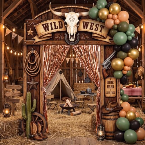 Western Cowboy Party Decorations Kit - 115 Pcs Wild West Backdrop & Balloon Arch - Variation of Western Cowboy