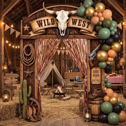 Western Cowboy Party Decorations Kit - 115 Pcs Wild West Backdrop & Balloon Arch - Variation of Western Cowboy