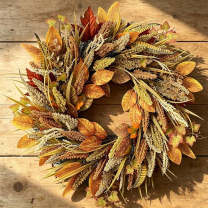 26-Inch Fall Wreath with Wheat Harvest Variation for Front Door, Indoor Outdoor Autumn Decor