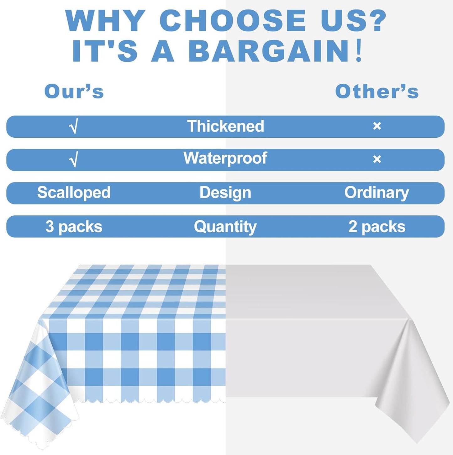 Skiennix Blue Gingham Tablecloths - 3 Pack Disposable Scalloped Design | 54 x 108 Inch for Events