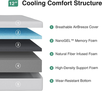 Novilla California King Mattress - 12-Inch Gel Memory Foam for Cooling Comfort & Pressure Relief | CertiPUR-US Certified, White