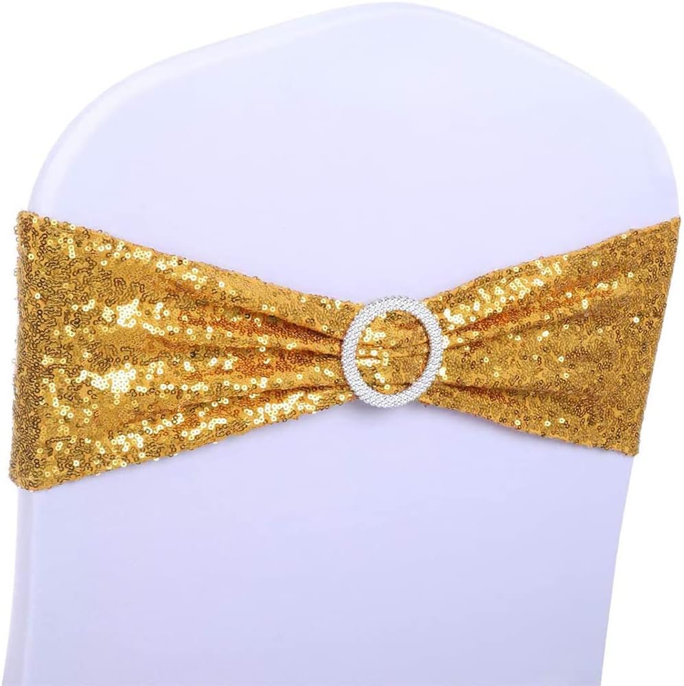 Sequin Gold Chair Sashes by Pack of 50 | Spandex Bands with Buckles for Weddings & Parties
