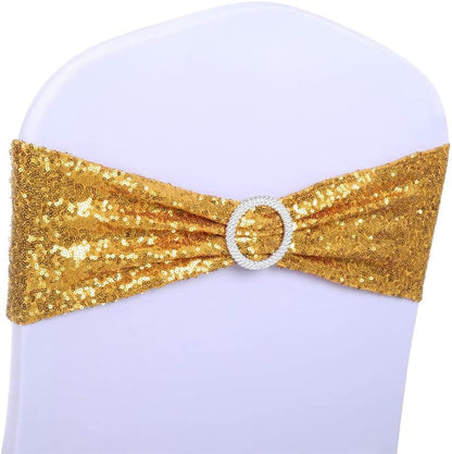 Sequin Gold Chair Sashes by Pack of 50 | Spandex Bands with Buckles for Weddings & Parties