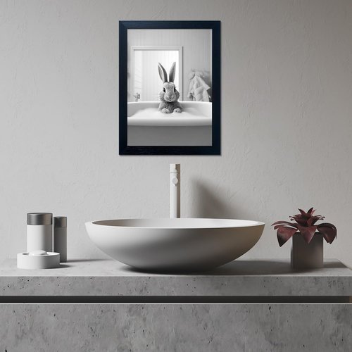 Funny Kids Bathroom Wall Decor - Black Framed Rabbit in Bathtub Canvas Art for Cute Farmhouse Style