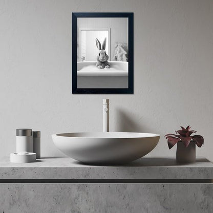 Funny Kids Bathroom Wall Decor - Black Framed Rabbit in Bathtub Canvas Art for Cute Farmhouse Style