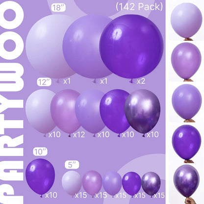 PartyWoo Purple Balloon Arch Kit - 142pcs in Dark Royal & Pastel Purple for Baby Shower & Birthday Decor