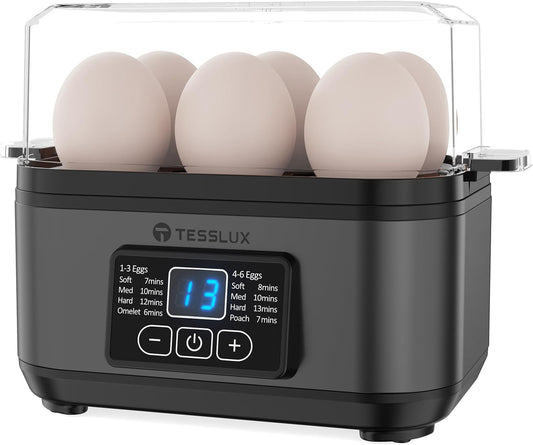 Tesslux Electric Egg Cooker - 6 Egg Capacity for Hard Boiled, Poached, & Scrambled Eggs | Auto Shut Off (Gray)