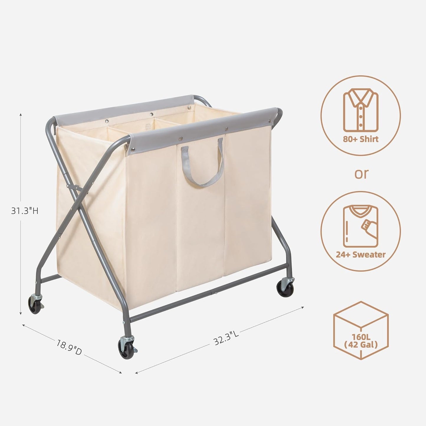 Storage Maniac 160L Collapsible Laundry Hamper - Heavy-Duty Rolling Basket with Removable Bag | 3-Section Organizer