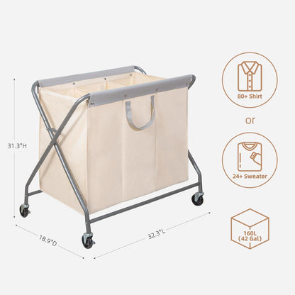 Storage Maniac 160L Collapsible Laundry Hamper - Heavy-Duty Rolling Basket with Removable Bag | 3-Section Organizer