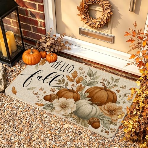 Hello Fall Pumpkin Doormat 17x29 Inch Indoor Outdoor Seasonal Welcome Rug