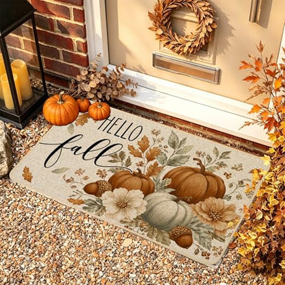 Hello Fall Pumpkin Doormat 17x29 Inch Indoor Outdoor Seasonal Welcome Rug