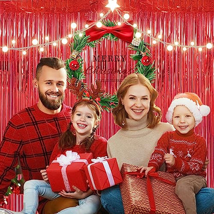 Red Tinsel Curtain Party Backdrop - 3.28 ft x 6.56 ft Metallic Fringe for Events