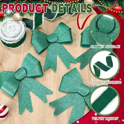 Green Christmas Cabinet Bow Set with Velvet Ribbon - 16 Pre-Tied Bows & Decor