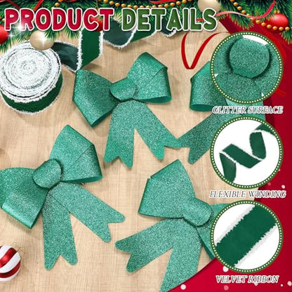 Green Christmas Cabinet Bow Set with Velvet Ribbon - 16 Pre-Tied Bows & Decor
