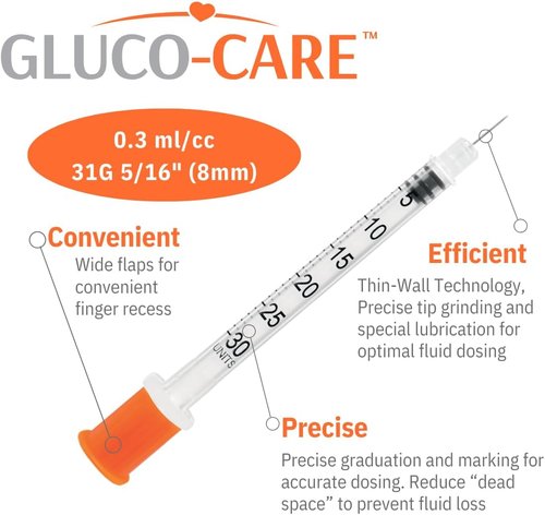 GLUCO-CARE 31G x 5/16’’ Syringes - 0.3 ml/cc with Orange Cap | Box of 100 Pieces