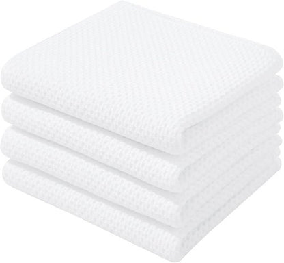 Homaxy 100% Cotton Waffle Weave Kitchen Dish Towels - Ultra Soft & Absorbent, 13 x 28 Inches, 4-Pack | White