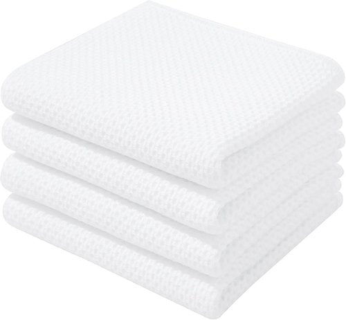 Homaxy 100% Cotton Waffle Weave Kitchen Dish Towels - Ultra Soft & Absorbent, 13 x 28 Inches, 4-Pack | White