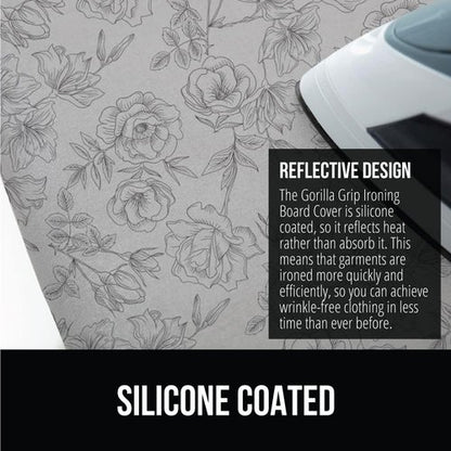 GORILLA GRIP The Original Ironing Board Cover and Pad, Silicone Coating, 400°F Scorch Resistant Thick Padding, Heavy Duty Iron Covers Standard Boards, Hook and Loop Fastener Strap, Gray Floral 15x54