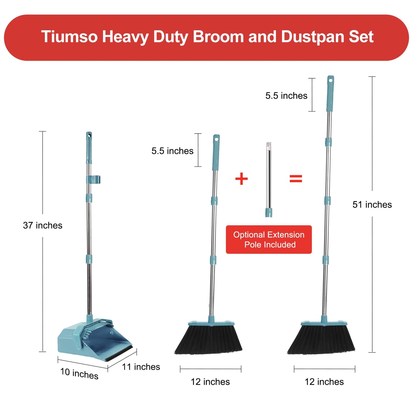 Tiumso Upgrade Broom and Dustpan Set, Broom with Dustpan Combo Set, Large Broom and Dust Pan with Handle, Self-Cleaning Dust Pans, Heavy Duty Broom and Dustpan Set for Lobby Kitchen Office - Green