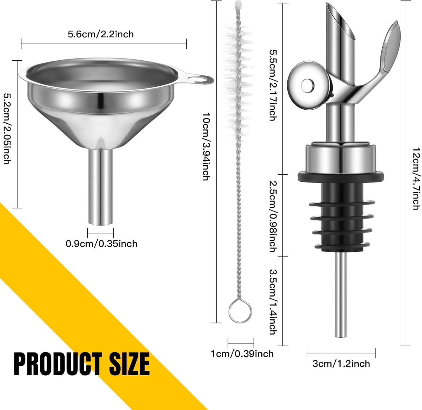 Tioncy 4 Pieces Weighted Stainless Steel Pourers Olive Oil Spout Olive Oil Dispenser Spout Automatic Opening and Closing with Funnel and Brush for Pouring Wine Syrup Kitchen(Silver)