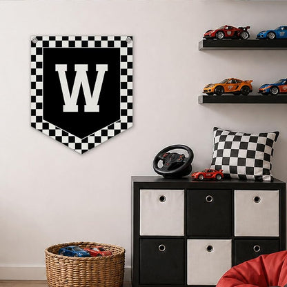 Racing Checkered Initial Pennant Flag - Personalized Name Gift for Boy Bedrooms (Variation room-W)