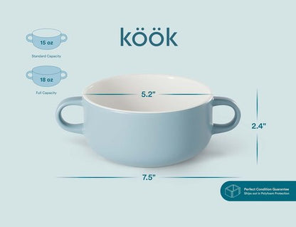 Kook Ceramic Soup Crocks - Oven & Microwave Safe Bowls with Handles | 18 oz, Set of 4 in Pale Blue