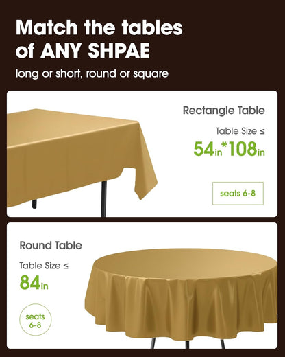Pureegg Disposable Plastic Table Cloths - 10 Pack, 54 x 108 Inch, Leakproof & Sturdy for Graduation, Thanksgiving, Christmas - Gold