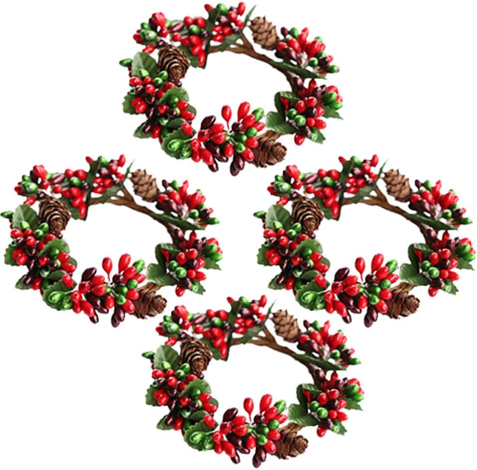 PRETYZOOM Christmas Candle Rings - 4Pcs Artificial Berry Mini Wreaths for Pillar Candles | Rustic Holiday Decor