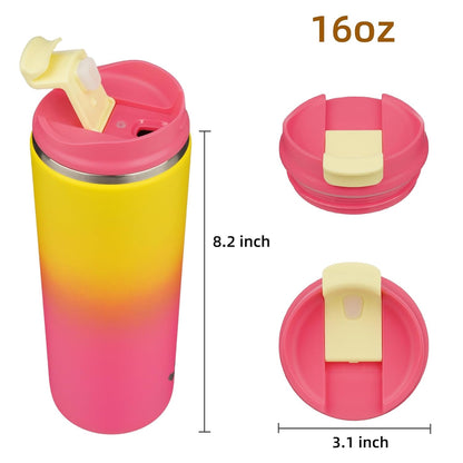 Skiennix 16 oz Insulated Travel Coffee Mug - Double Wall Stainless Steel Tumbler with Lid | Rainbow Design