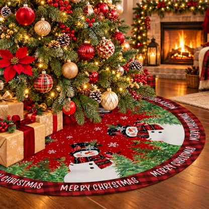 Christmas Tree Skirt 48 Inch Red Buffalo Plaid Snowman Holiday Decor