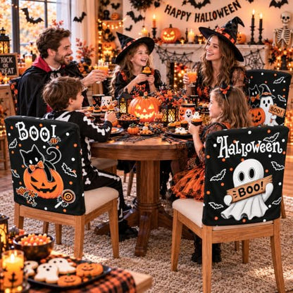 Halloween Chair Back Covers 4-Pack Black Cat Ghost Pumpkin Decor