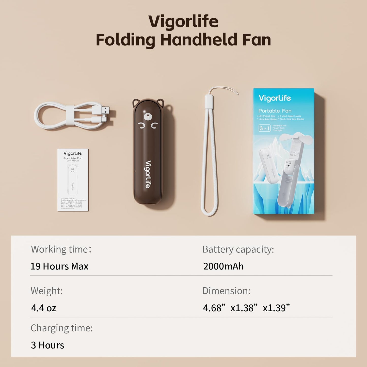 VigorLife Mini Handheld Fan,USB Rechargeable 3 IN 1 Personal Cooler Fans with Power Bank,LED Flashlight,Small Foldable Portable Pocket Fan-Travel & Emergency Essentials for Outdoor Brown