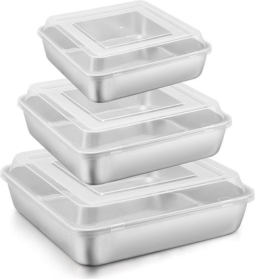 E-far Square Cake Pan Set - 6/8/9-Inch Stainless Steel Bakeware with Lids | Non-Toxic & Dishwasher Safe - 6 Pieces