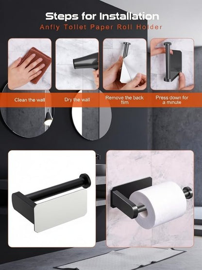 Anfly RV Toilet Paper Holder Camper,Self Adhesive Toilet Paper Holder with 2 Hanging Hooks for Campers, Bathroom, Kitchen and Bedroom,No Drill/Wall Mount, Black